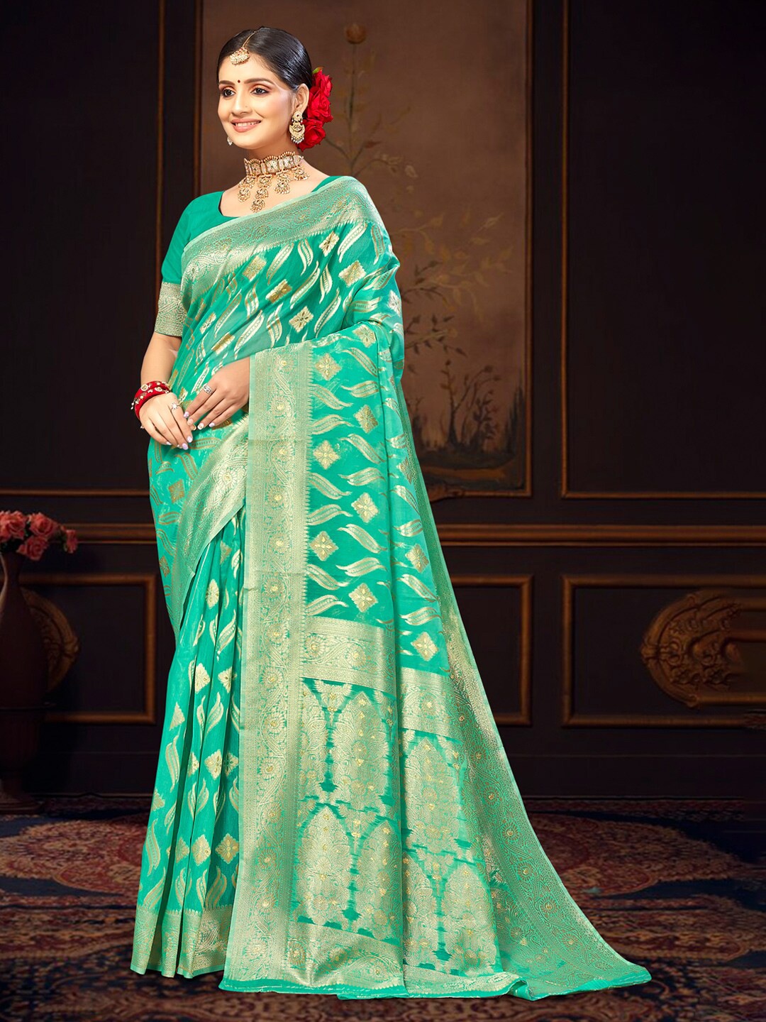 

Mitera Woven Design Zari Saree, Sea green