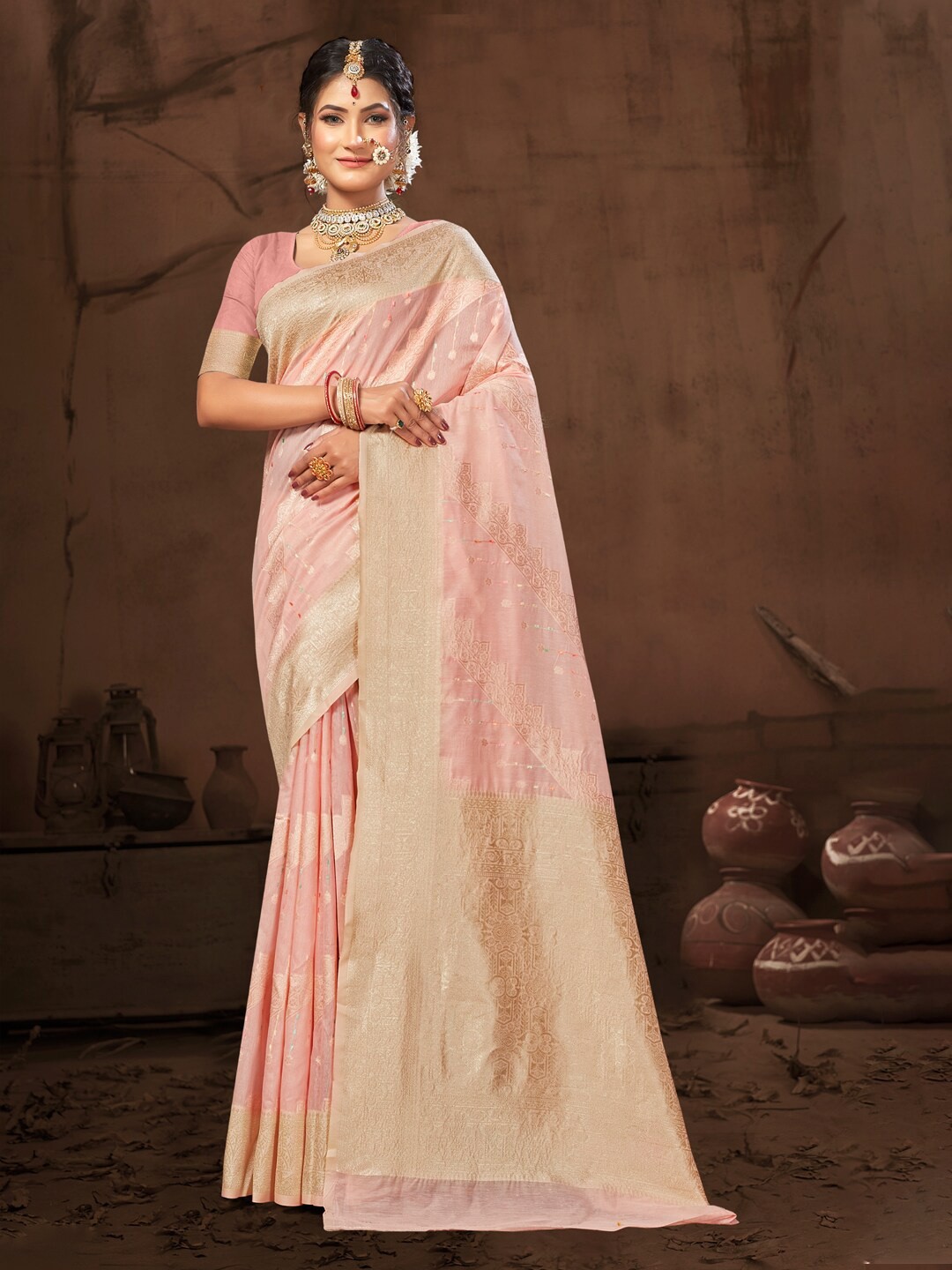 

Mitera Pink Ethnic Motifs Woven Design Zari Detailed Saree