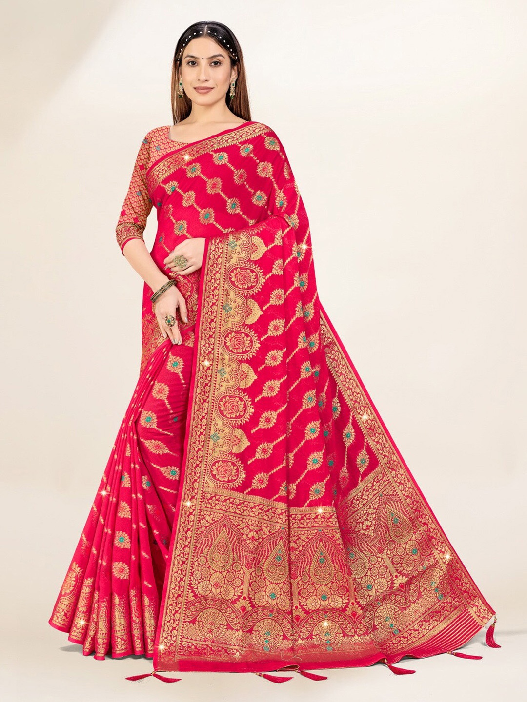 

Sweet smile Fab Woven Design Zari Saree, Pink