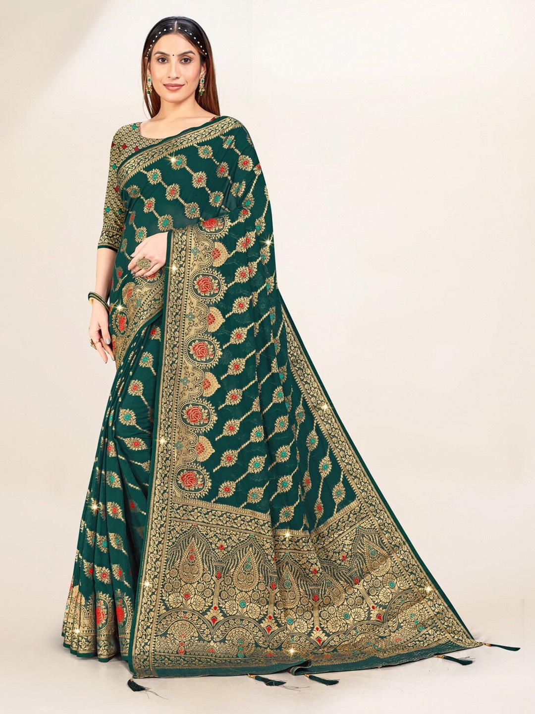 

Sweet smile Fab Ethnic Motifs Woven Design Zari Saree, Green