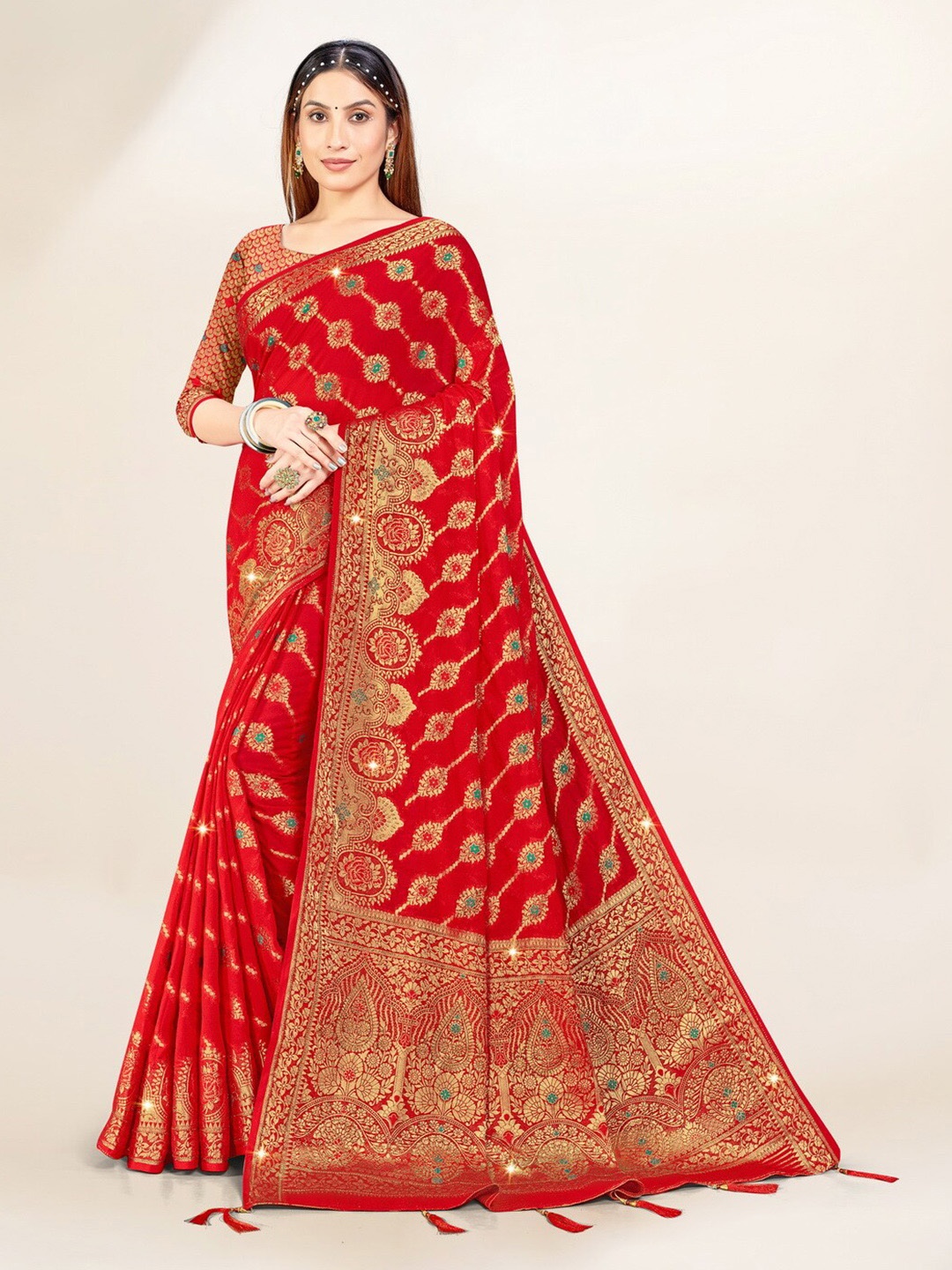 

Sweet smile Fab Ethnic Motifs Woven Design Zari Saree, Red