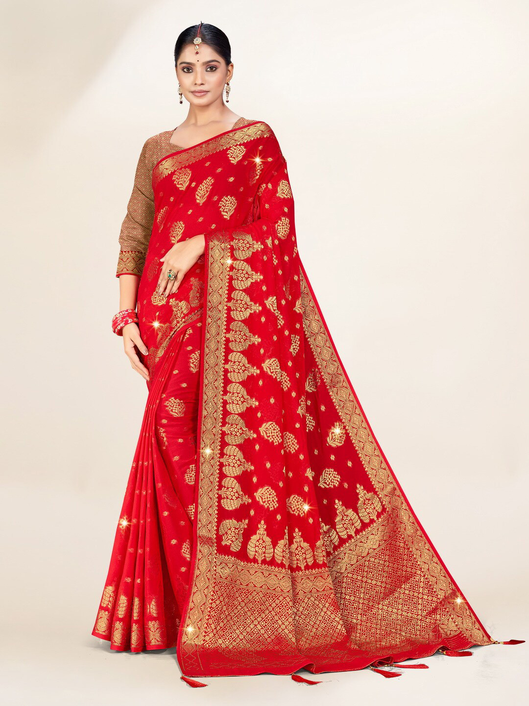 

Sweet smile Fab Ethnic Motifs Woven Design Zari Poly Georgette Saree, Red