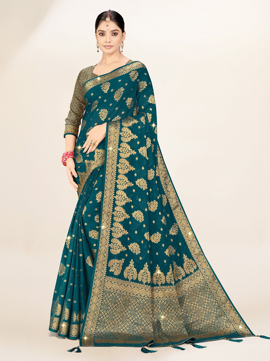

Sweet smile Fab Ethnic Motifs Woven Design Zari Saree, Teal