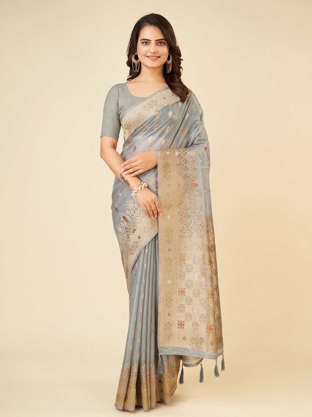 

Sweet smile Fab Ethnic Motif Woven Design Zari Saree, Grey