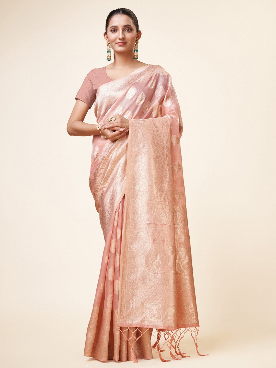 

Sweet smile Fab Ethnic Motifs Woven Design Zari Organza Saree, Peach