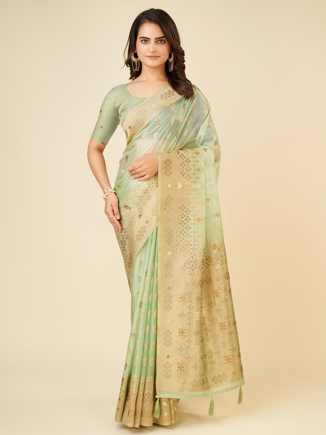 

Sweet smile Fab Ethnic Motifs Woven Design Zari Saree, Green