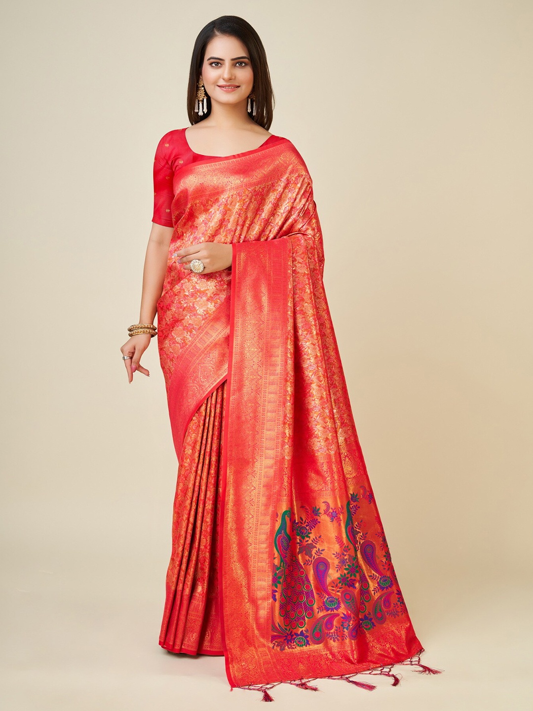 

Sweet smile Fab Woven Design Zari Kanjeevaram Saree, Orange