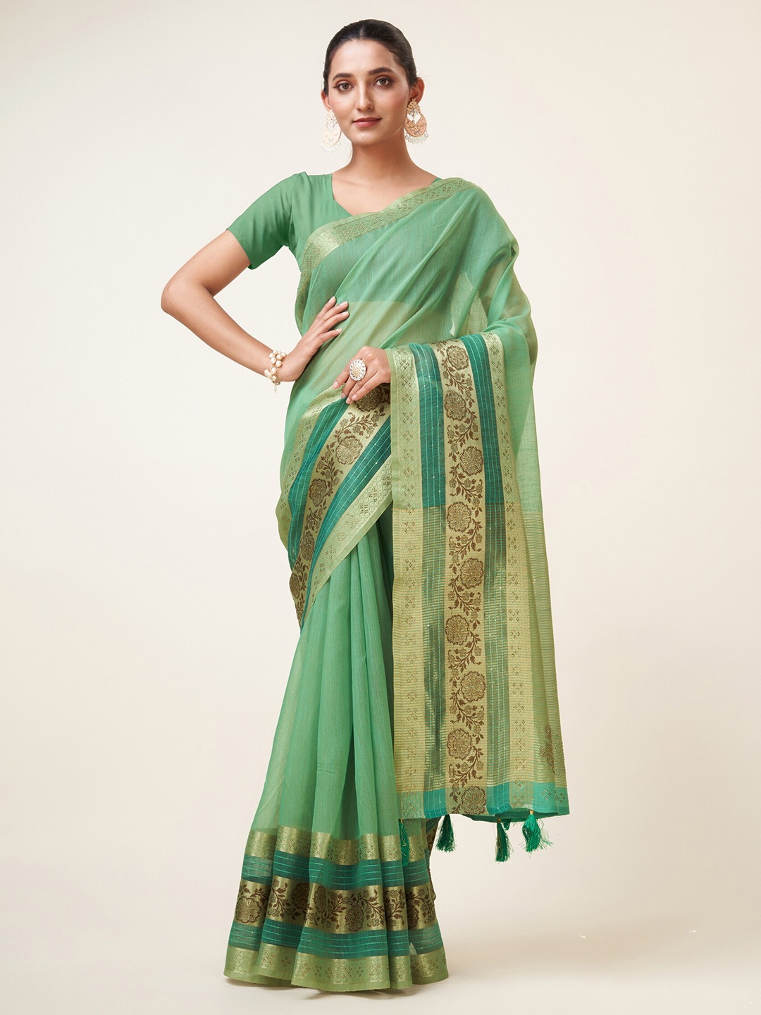 

Sweet smile Fab Woven Design Border Sequinned Saree, Sea green