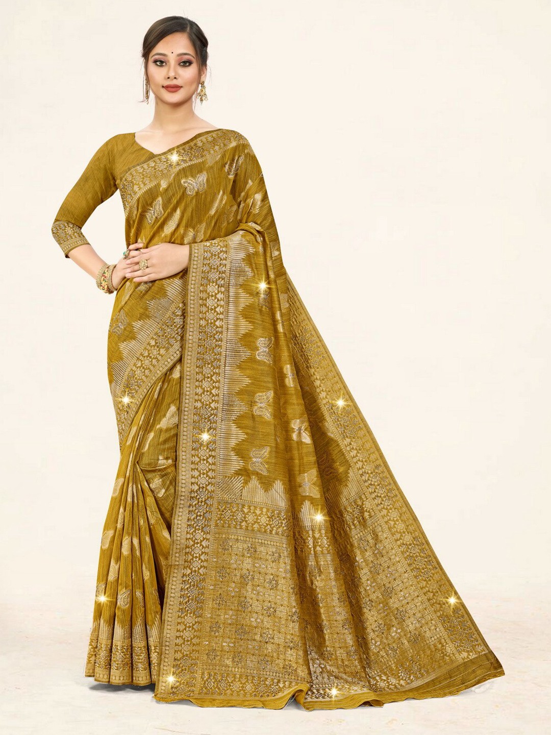 

Sweet smile Fab Ethnic Motif Woven Design Zari Saree, Olive