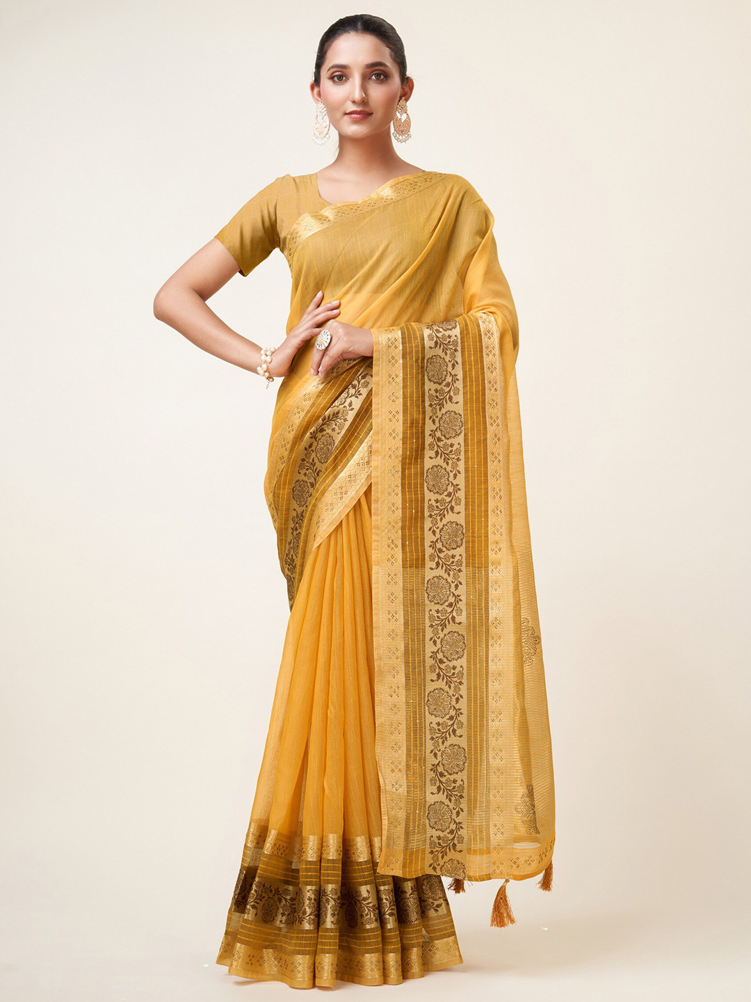 

Sweet smile Fab Ethnic Motif Woven Design Zari Saree, Yellow
