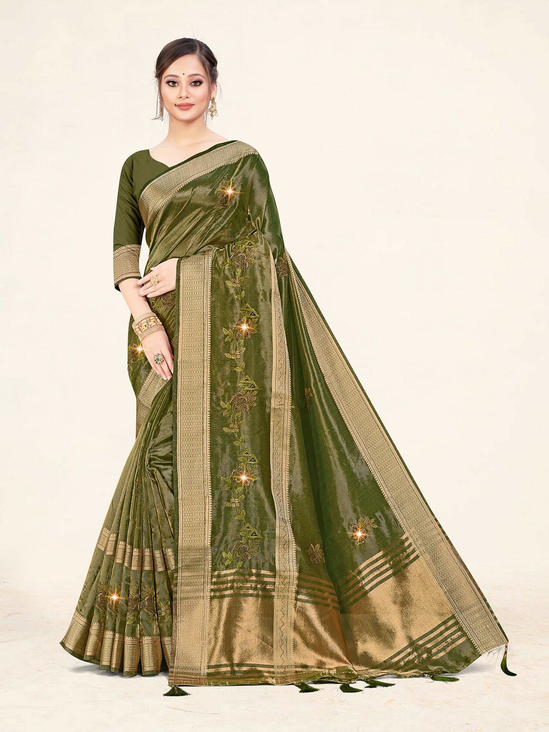 

Sweet smile Fab Floral Embroidered Organza Saree, Olive