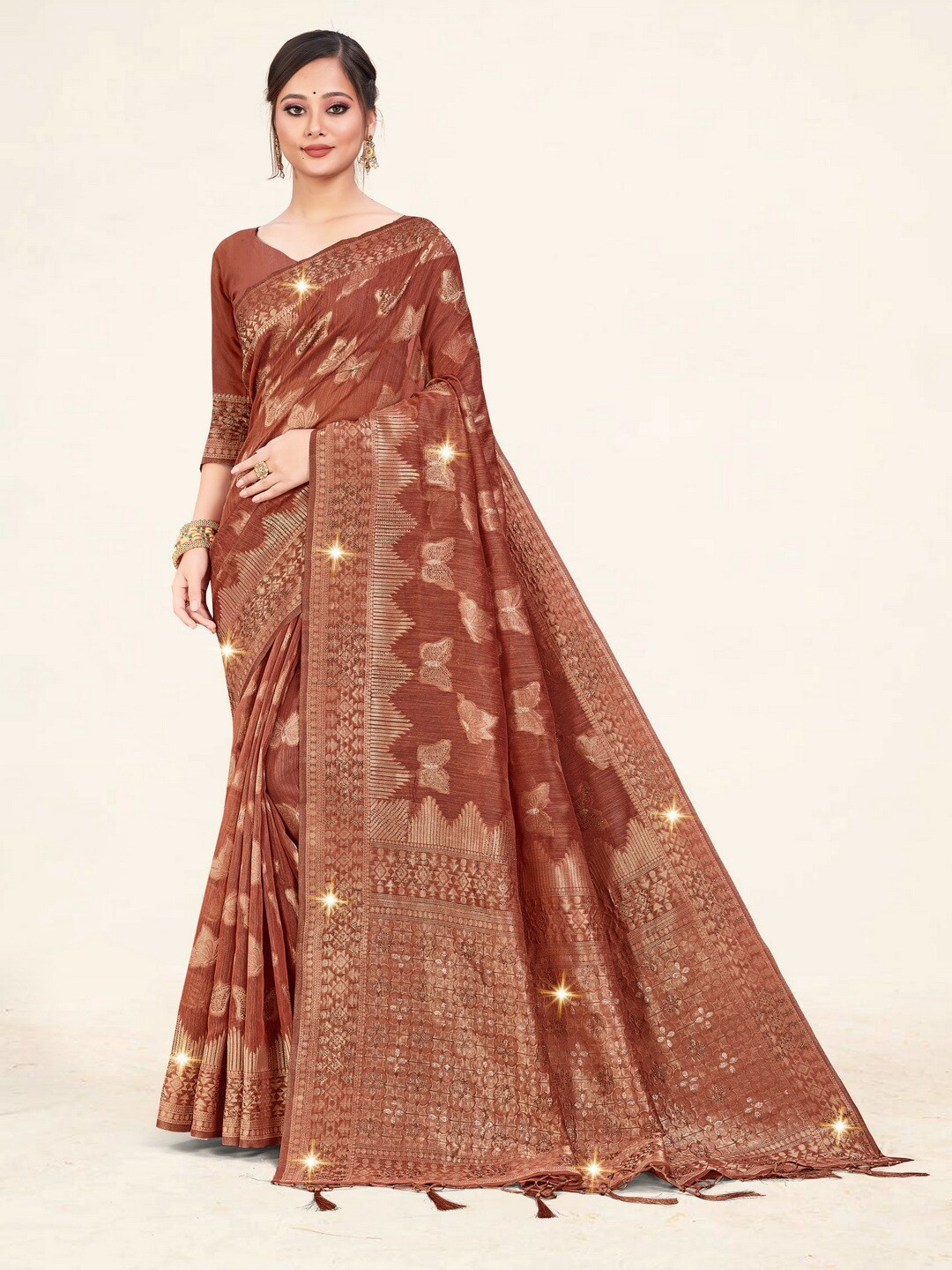 

Sweet smile Fab Ethnic Motifs Woven Design Zari Saree, Rust