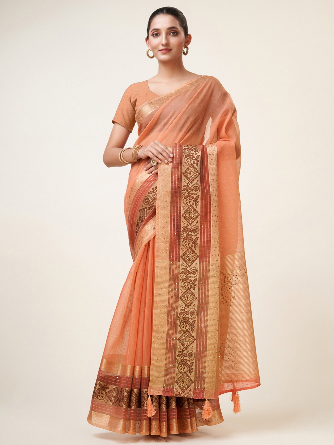 

Sweet smile Fab Woven Design Sequinned Saree, Peach