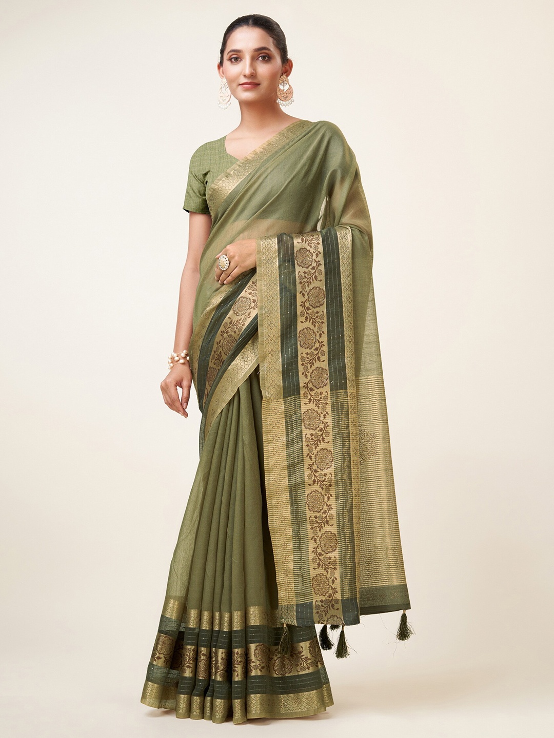

Sweet smile Fab Cotton Blend Zari Saree, Olive