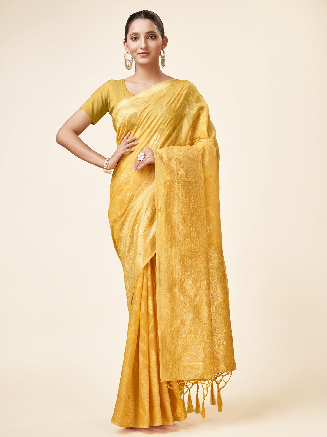 

Sweet smile Fab Ethnic Motif Woven Design Zari Organza Saree, Yellow