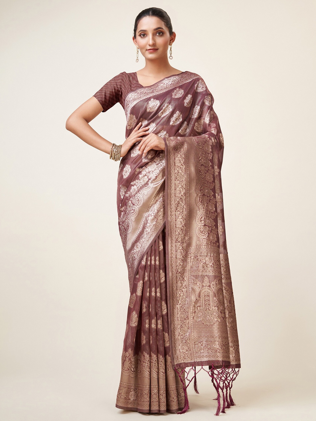 

Sweet smile Fab Ethnic Motifs Woven Design Zari Organza Saree, Purple