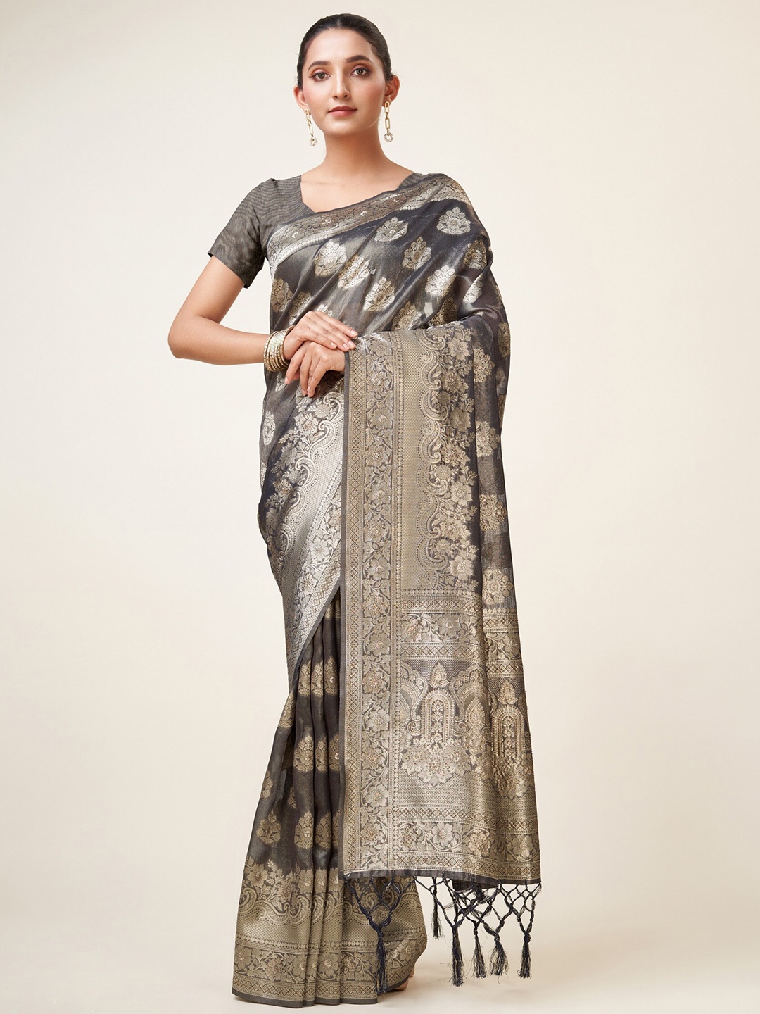 

Sweet smile Fab Ethnic Motifs Woven Design Zari Organza Saree, Grey