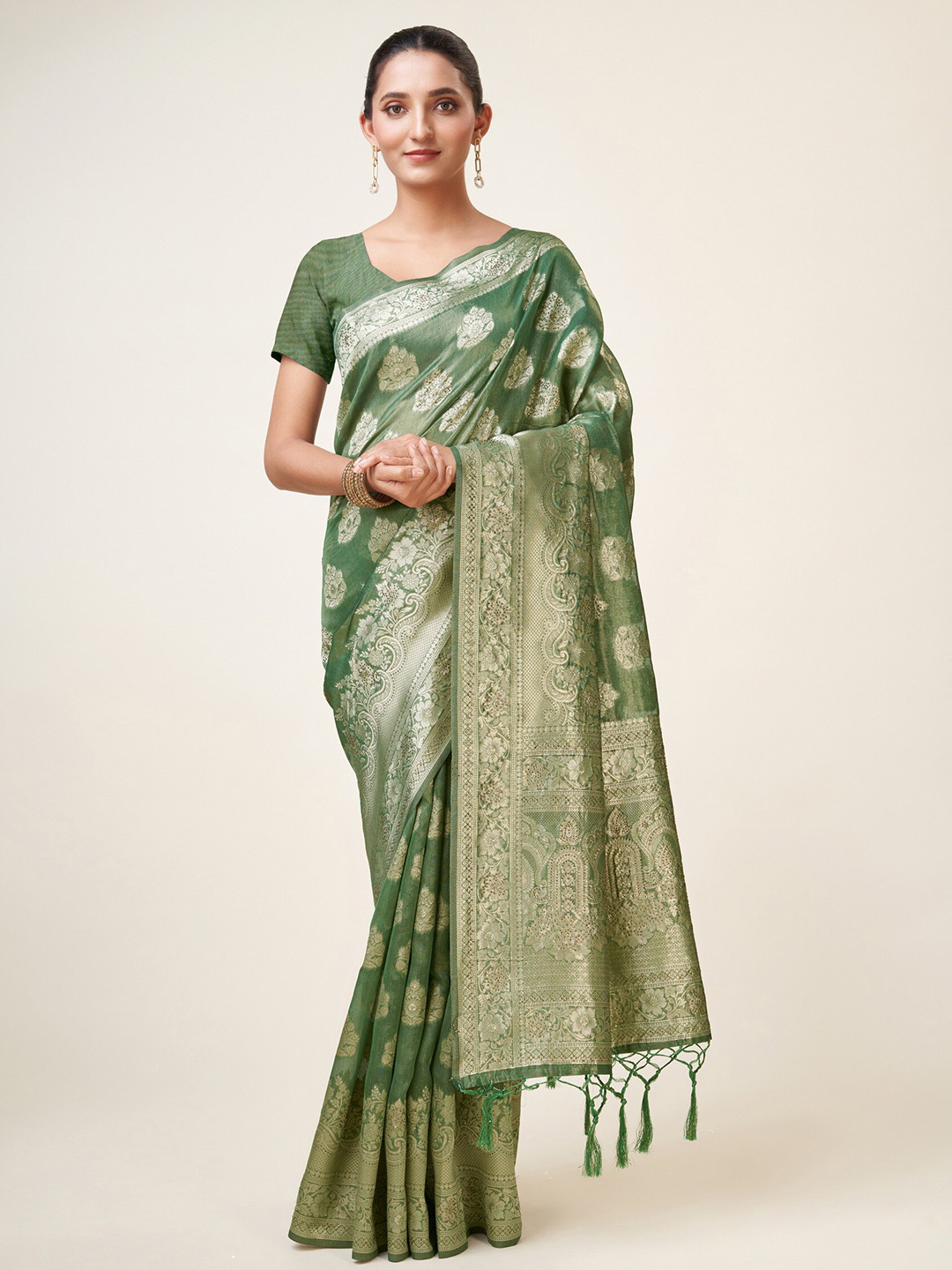

Sweet smile Fab Woven Design Zari Organza Saree, Green