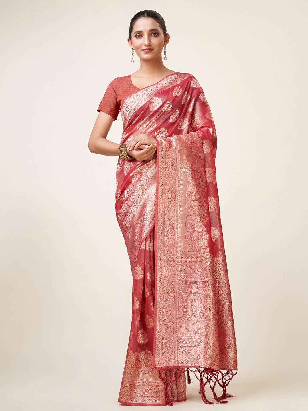 

Sweet smile Fab Ethnic Motifs Woven Design Zari Organza Saree, Pink
