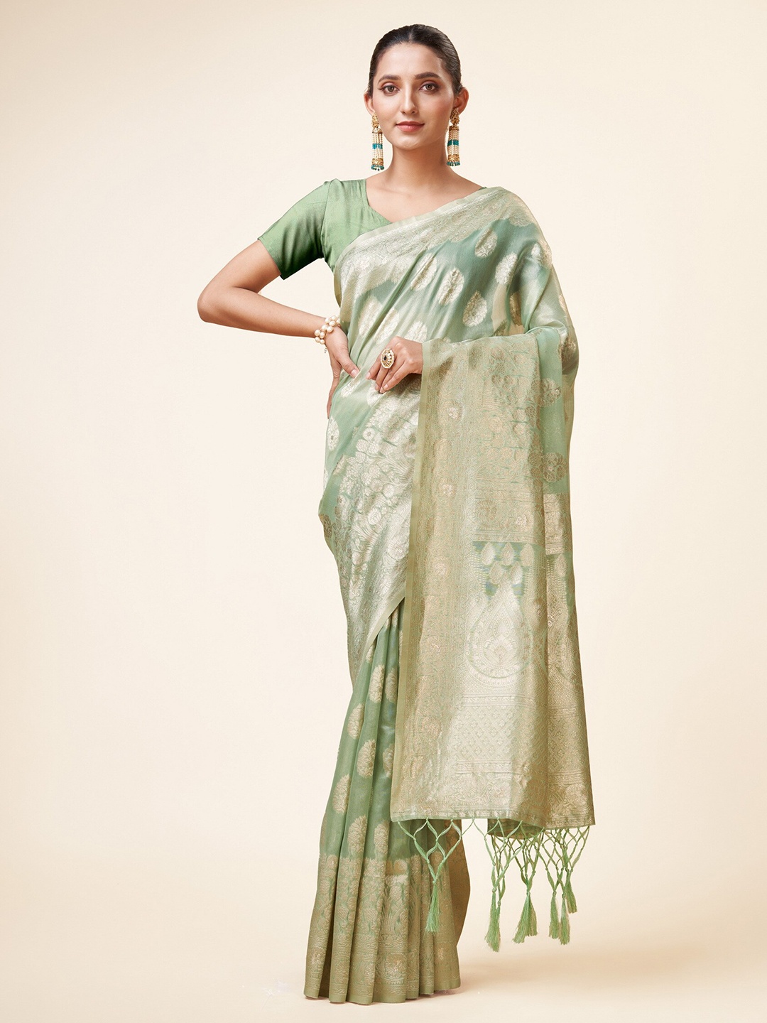 

Sweet smile Fab Ethnic Motifs Woven Designed Zari Organza Saree, Green