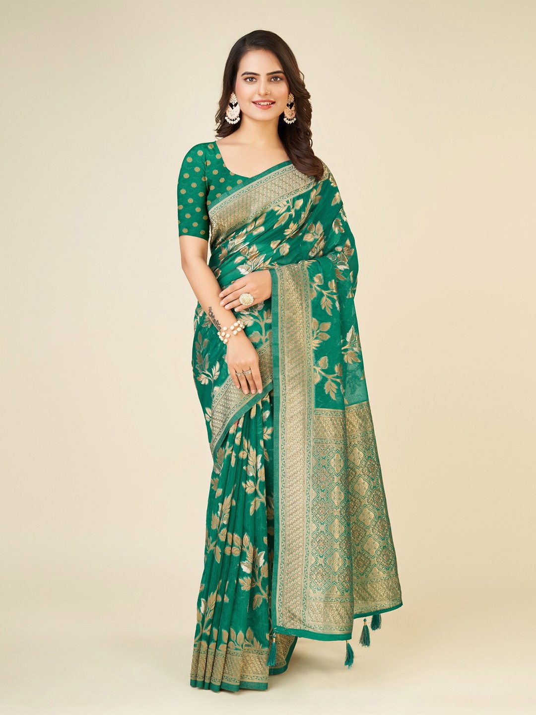 

Sweet smile Fab Ethnic Motifs Woven Design Zari Organza Saree, Teal
