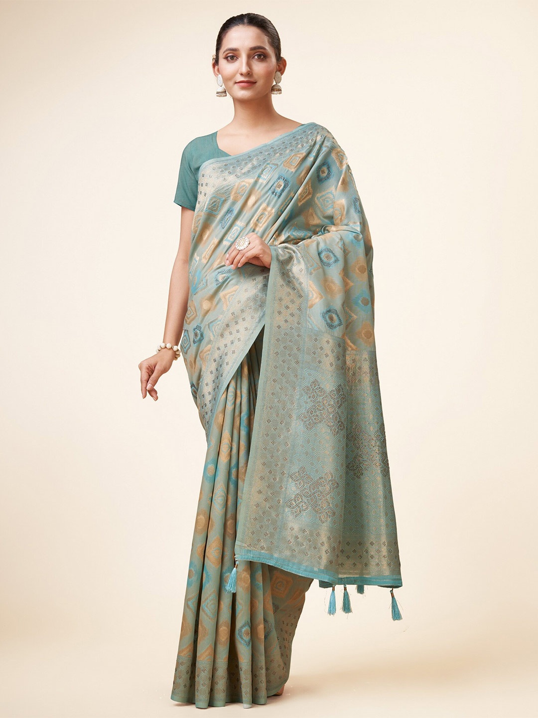 

Sweet smile Fab Ethnic Motifs Woven Designed Zari Saree, Turquoise blue