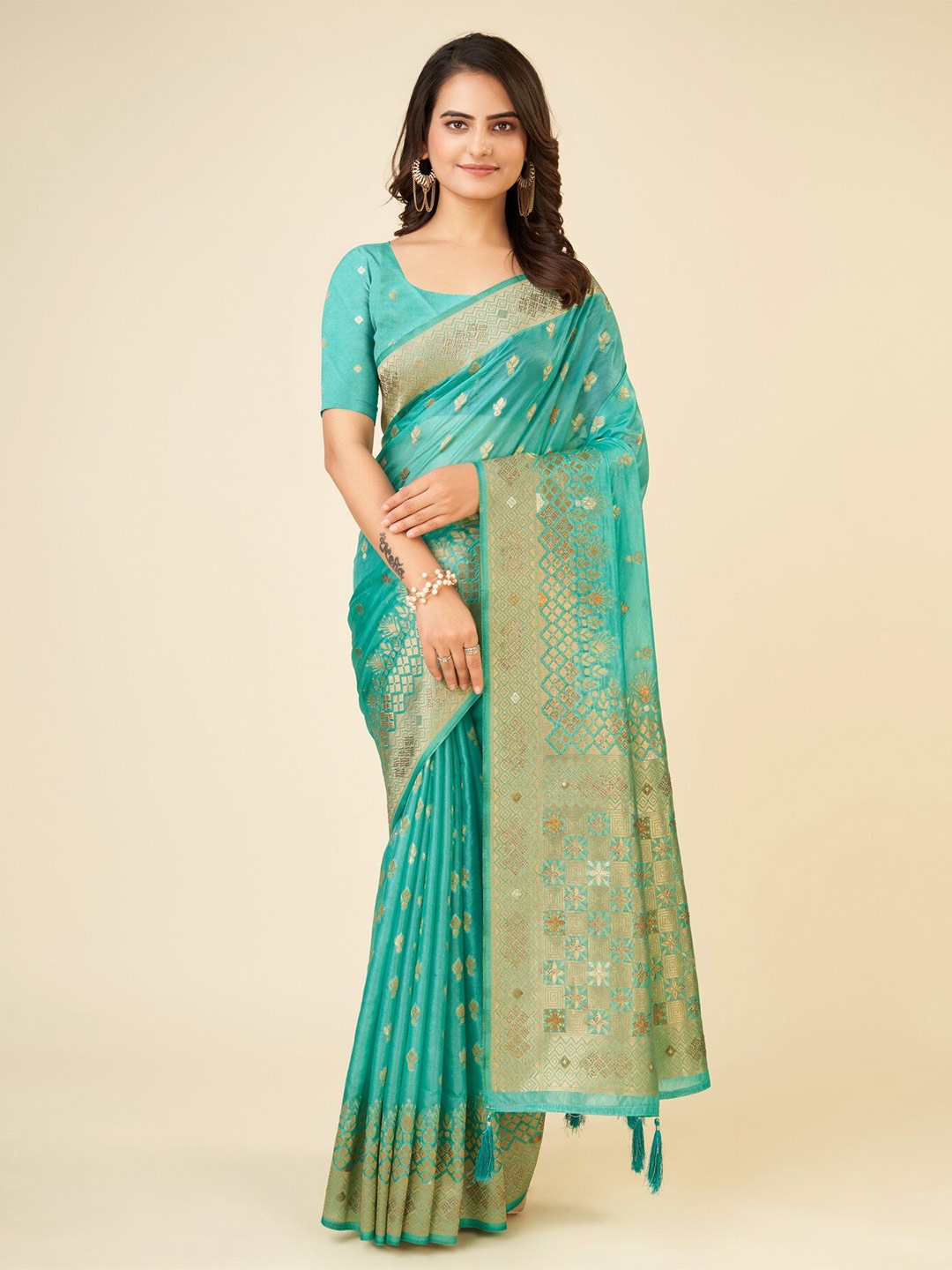 

Sweet smile Fab Ethnic Motifs Woven Design Zari Saree, Sea green