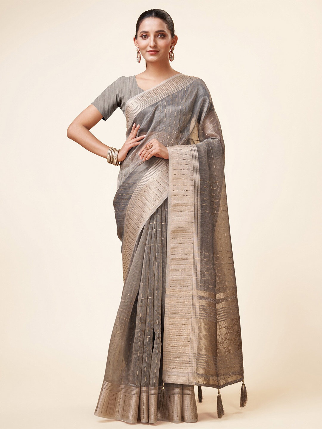 

Sweet smile Fab Striped Zari Organza Saree, Grey