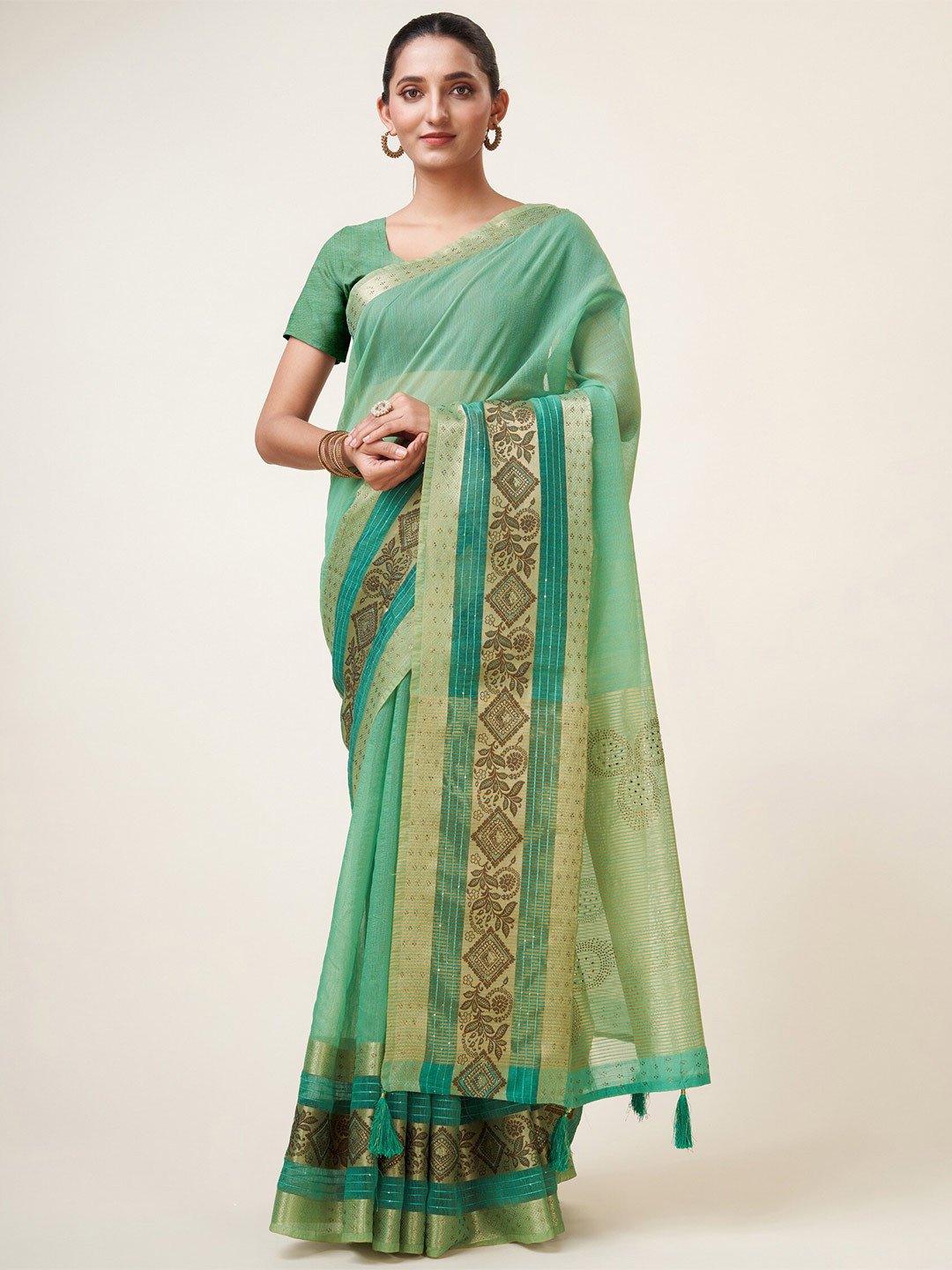 

Sweet smile Fab Ethnic Motif Woven Design Zari Saree, Sea green