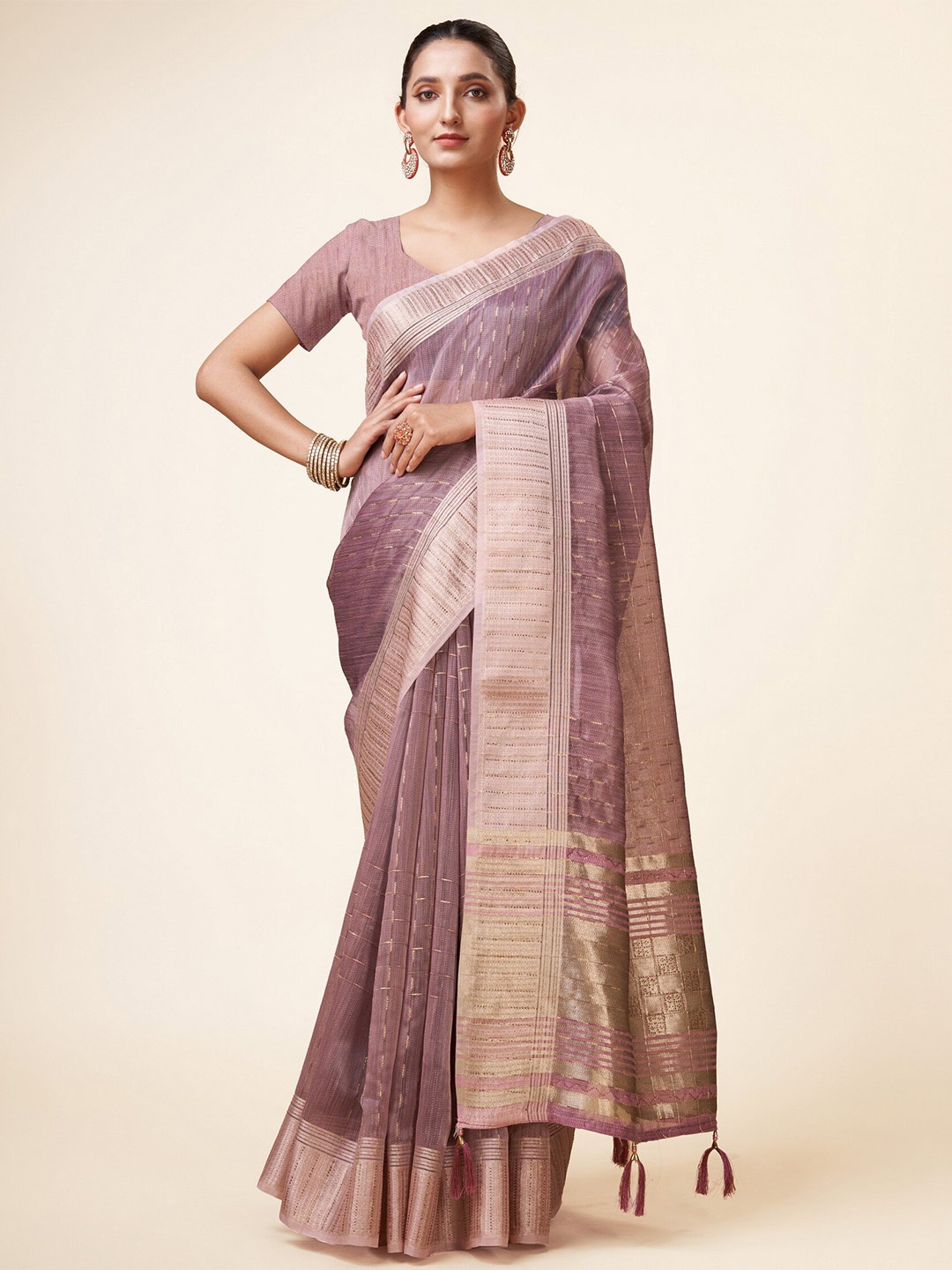 

Sweet smile Fab Checked Woven Design Zari Organza Saree, Purple