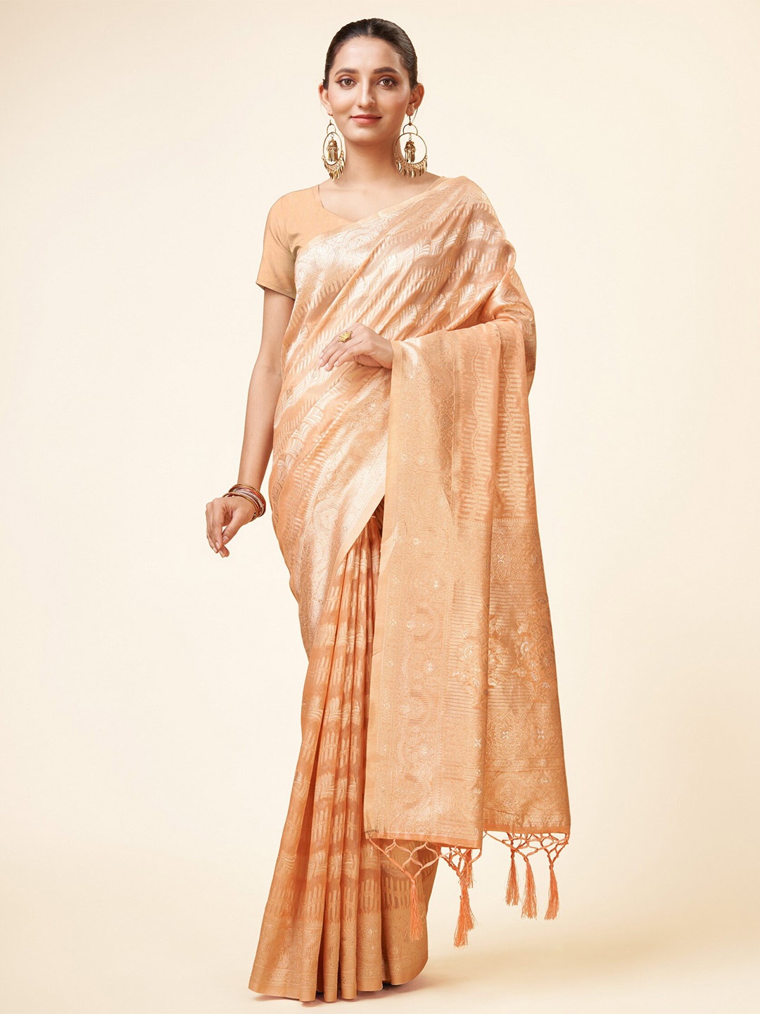 

Sweet smile Fab Ethnic Motif Woven Design Zari Organza Saree, Peach
