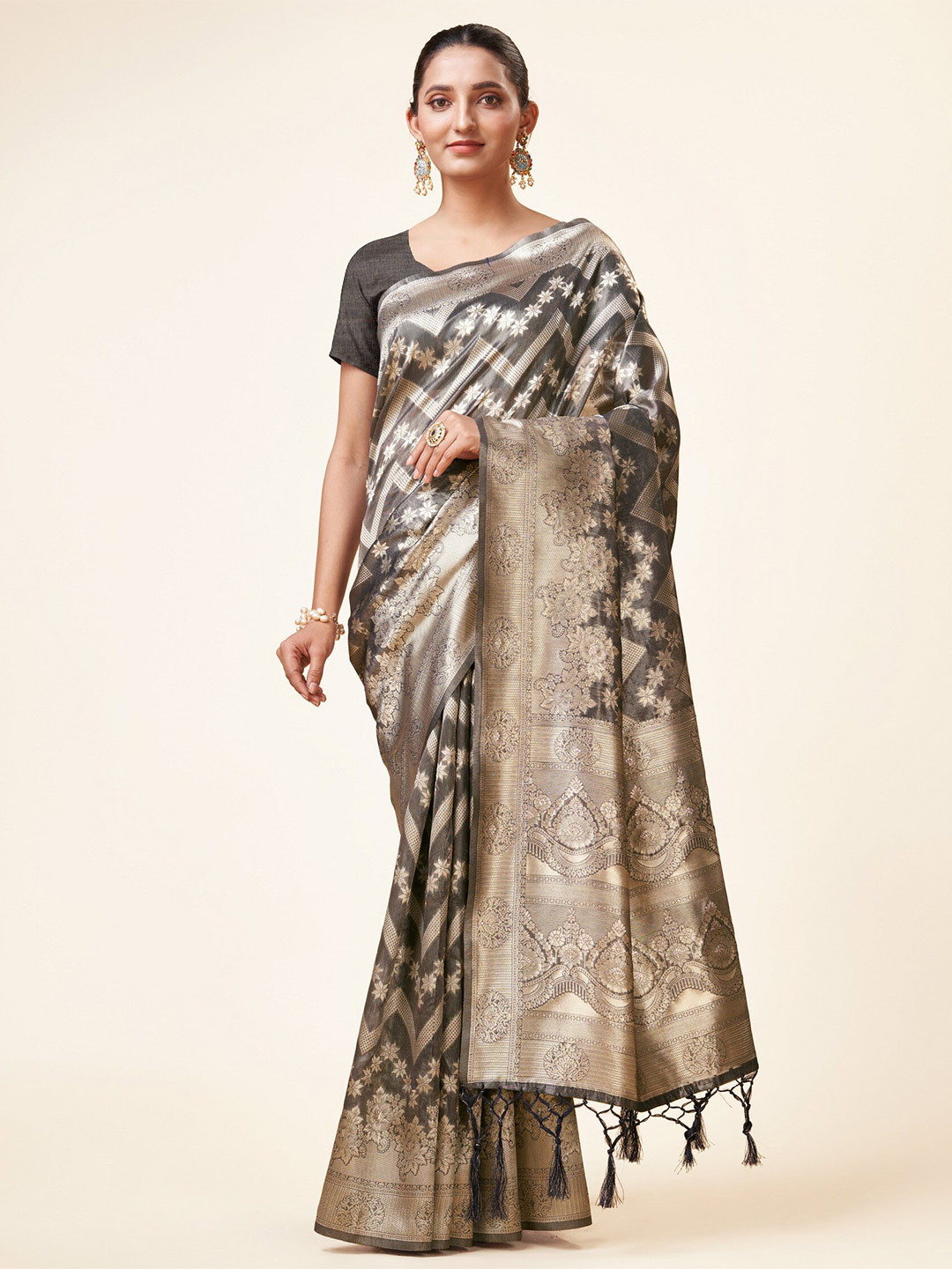 

Sweet smile Fab Ethnic Motifs Woven Design Zari Organza Saree, Grey