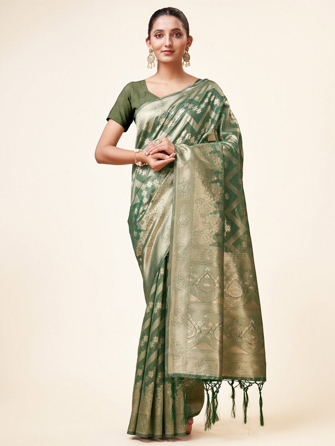 

Sweet smile Fab Geometric Woven Design Zari Organza Saree, Green
