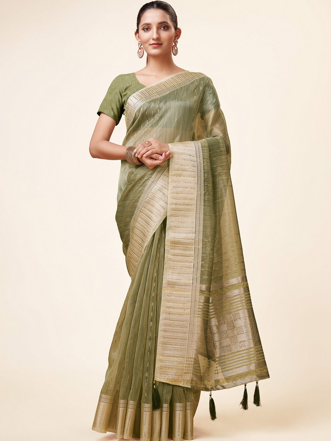 

Sweet smile Fab Ethnic Motifs Woven Design Zari Organza Saree, Green
