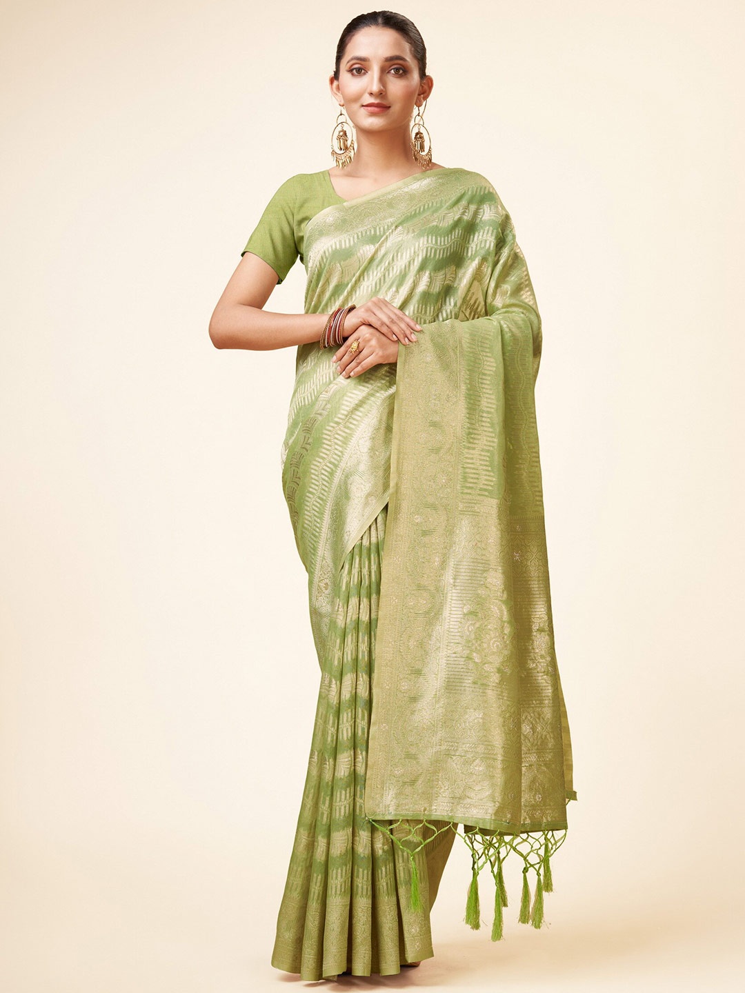 

Sweet smile Fab Ethnic Motifs Woven Design Zari Detail Organza Saree, Green