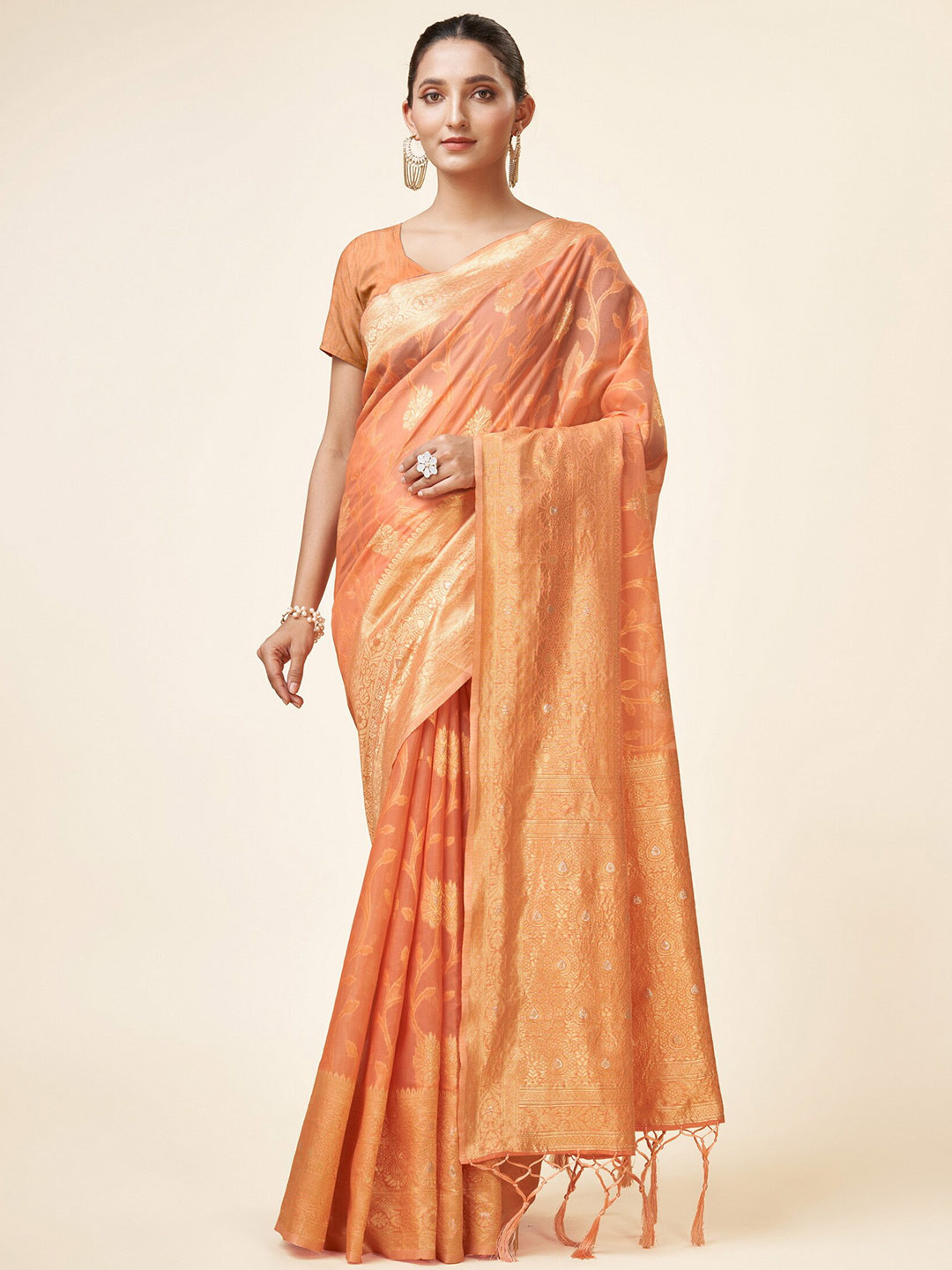 

Sweet smile Fab Floral Woven Design Zari Organza Saree, Peach