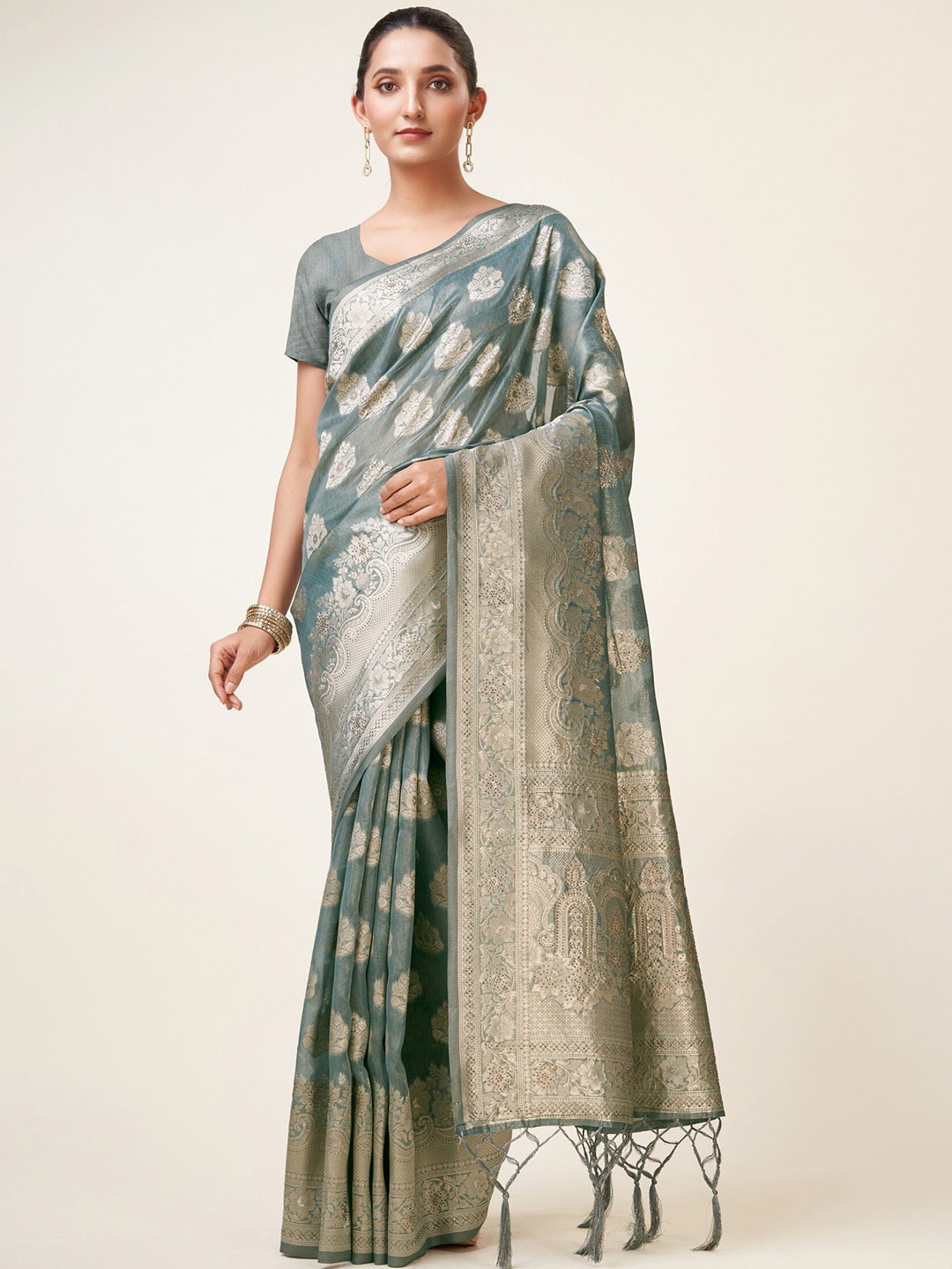 

Sweet smile Fab Ethnic Motifs Woven Design Zari Organza Saree, Grey