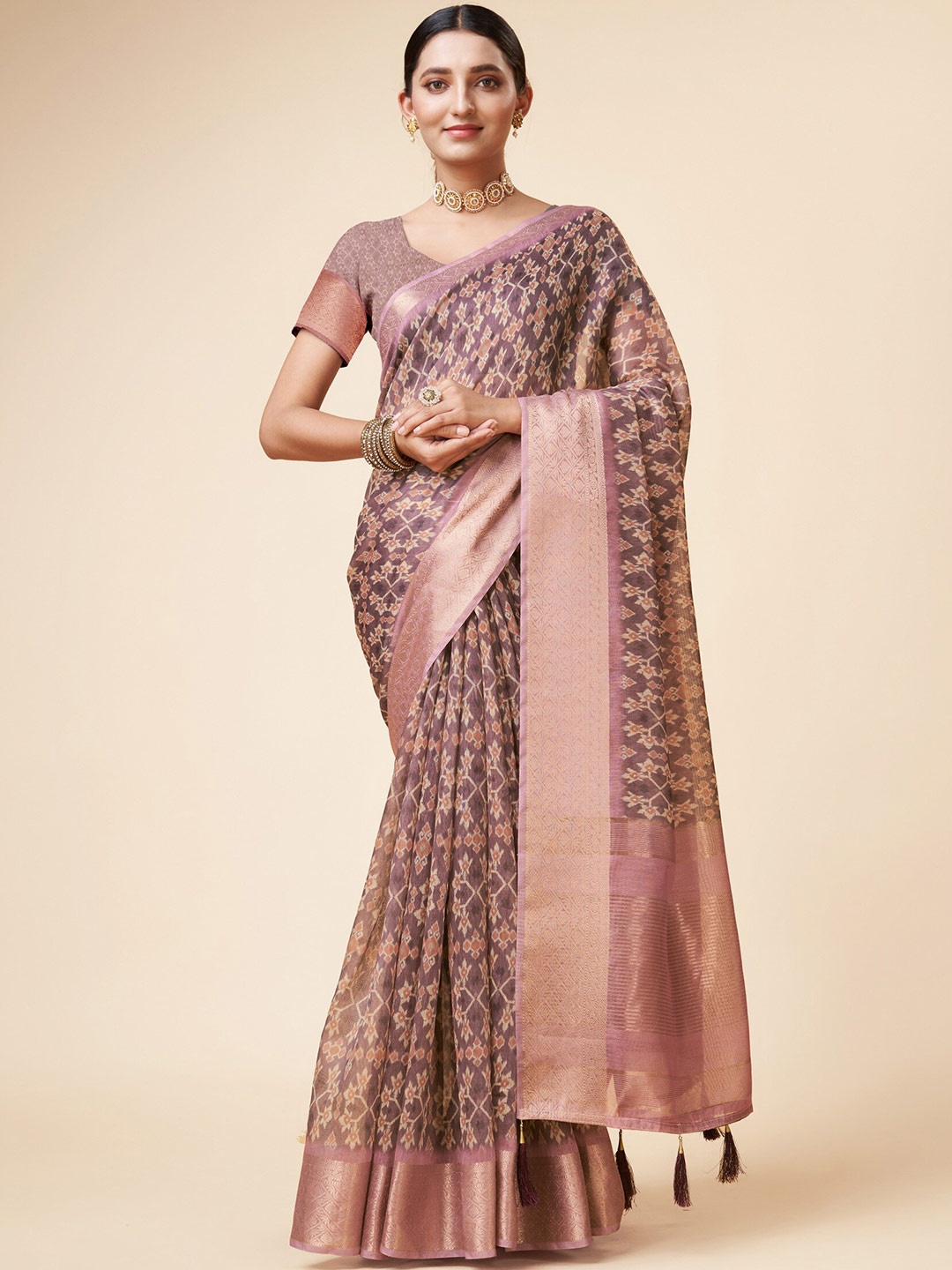 

Sweet smile Fab Ethic Motif Printed Zari Organza Saree, Mauve