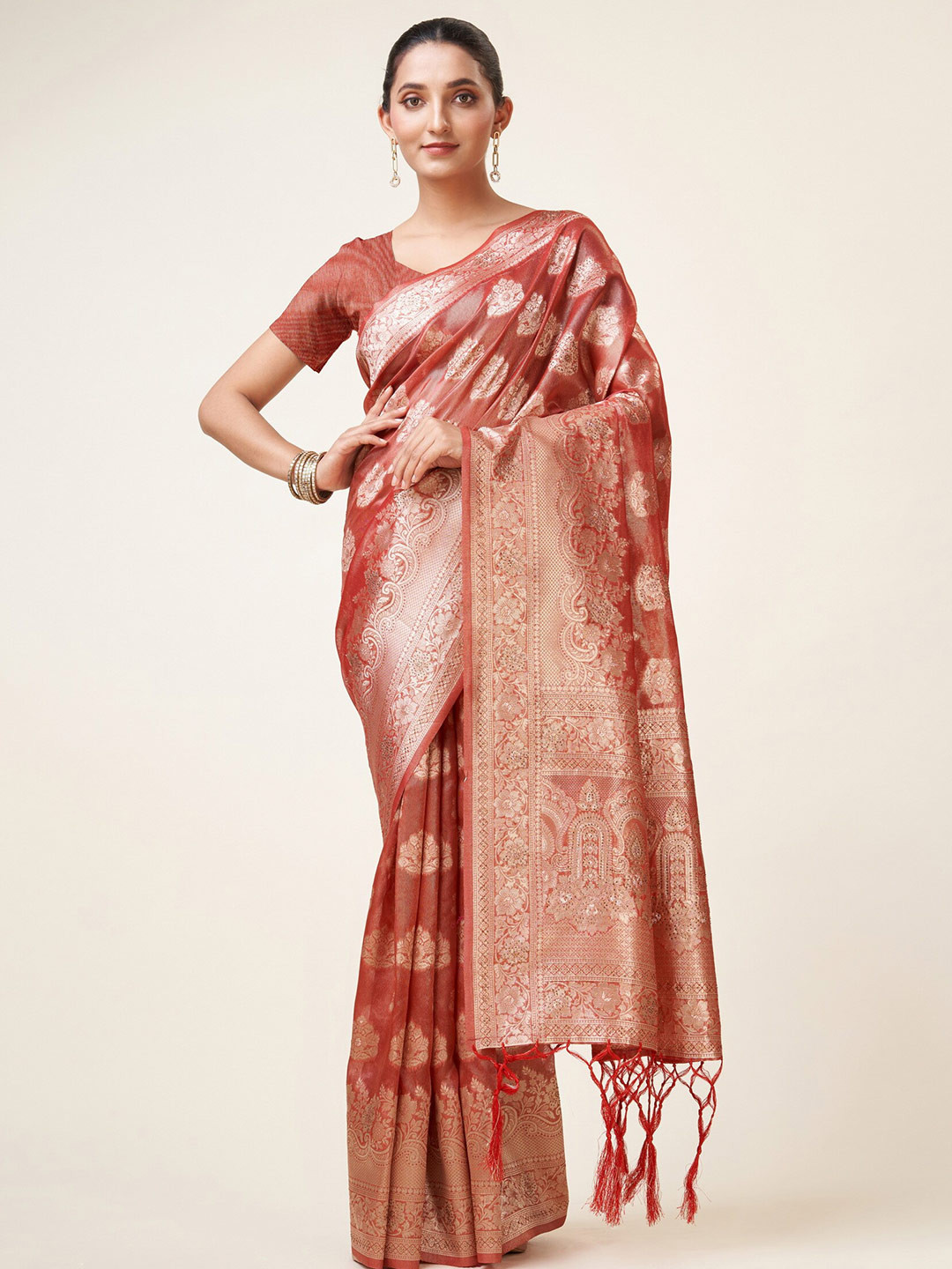 

Sweet smile Fab Ethnic Motifs Woven Design Zari Organza Saree, Red