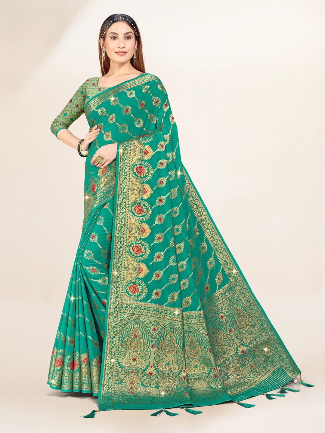 

Sweet smile Fab Sea Ethnic Motifs Woven Design Zari Saree, Sea green