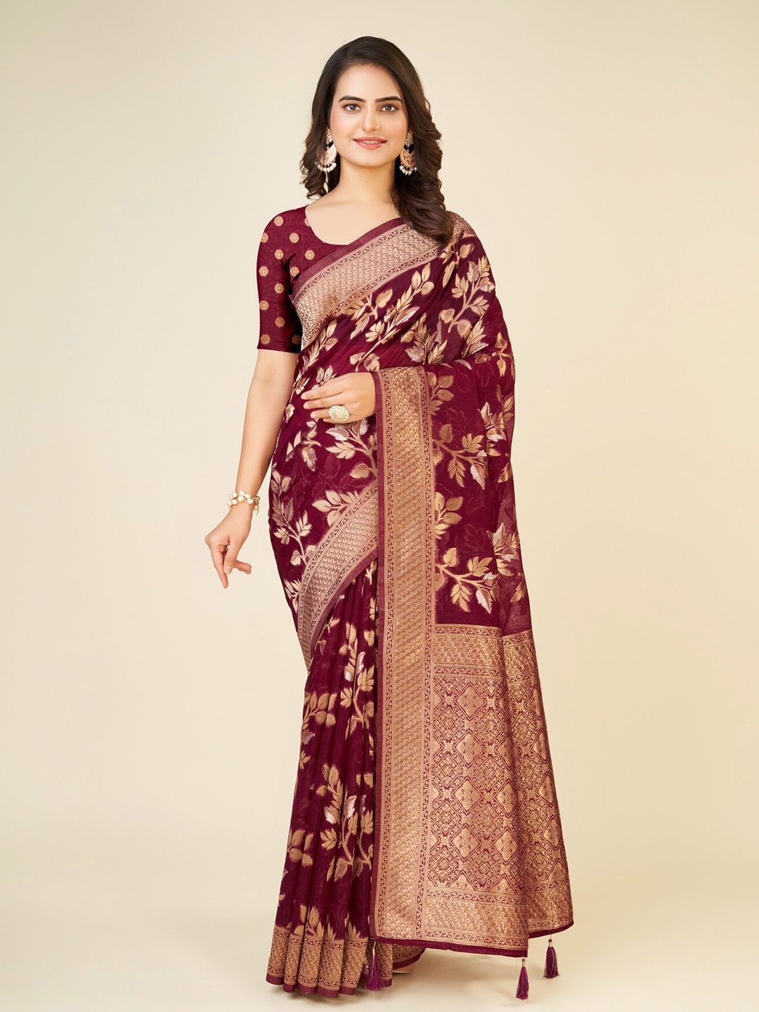 

Sweet smile Fab Ethnic Motifs Woven Design Zari Organza Saree, Burgundy