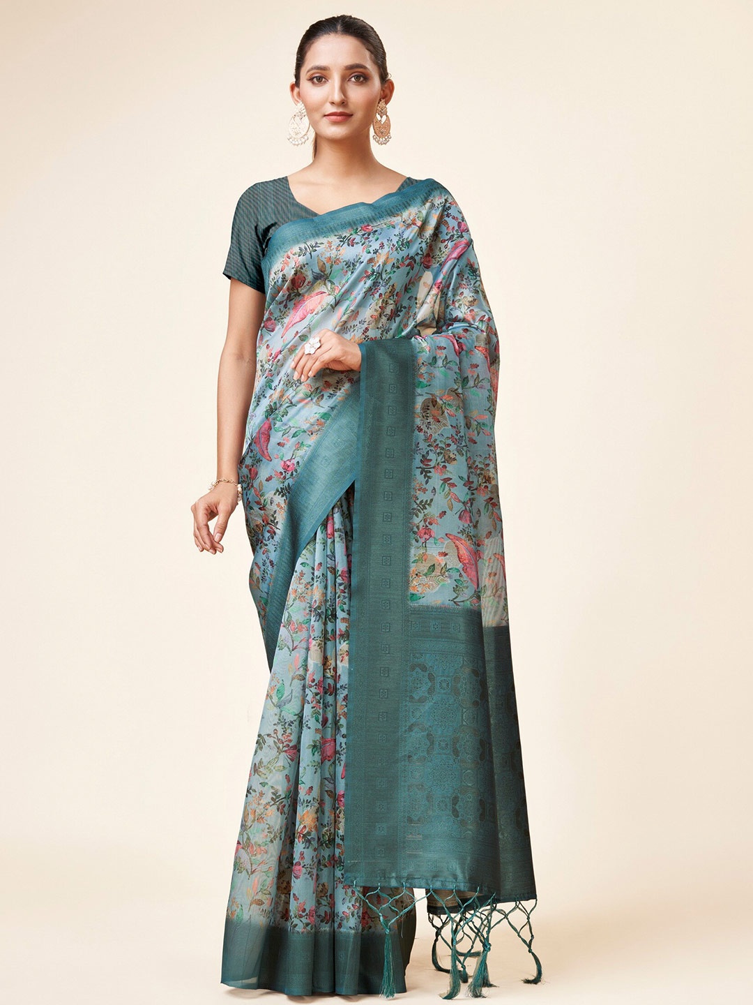 

Sweet smile Fab Floral Printed Zari Organza Saree, Green