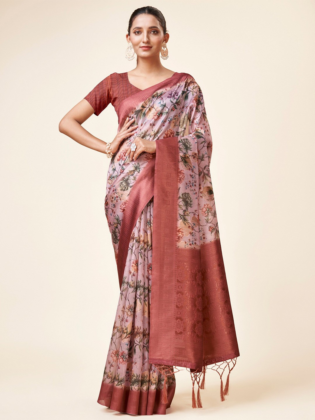 

Sweet smile Fab Floral Printed Zari Organza Saree, Pink