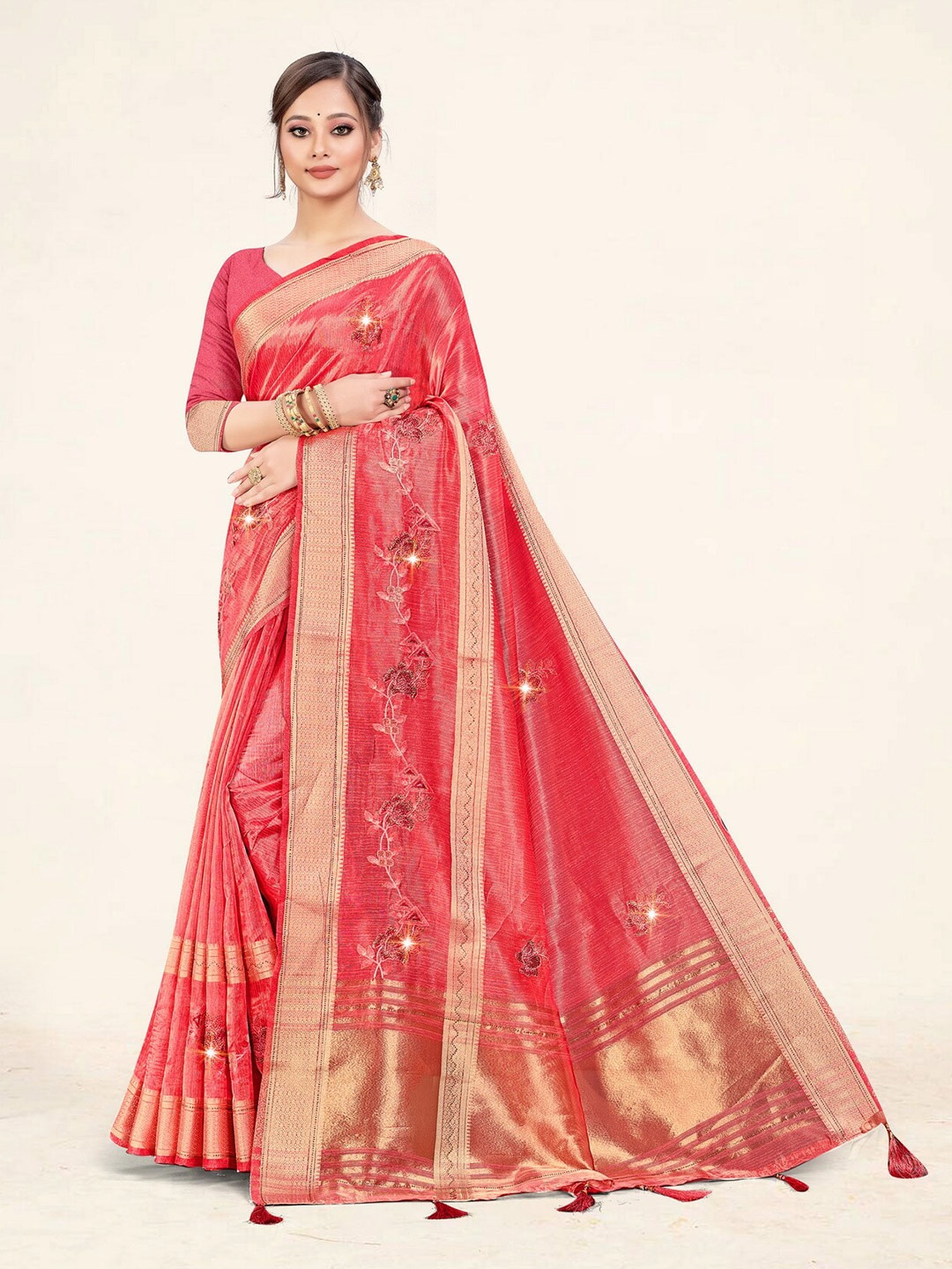 

Sweet smile Fab Floral Embroidered Zari Organza Saree, Pink