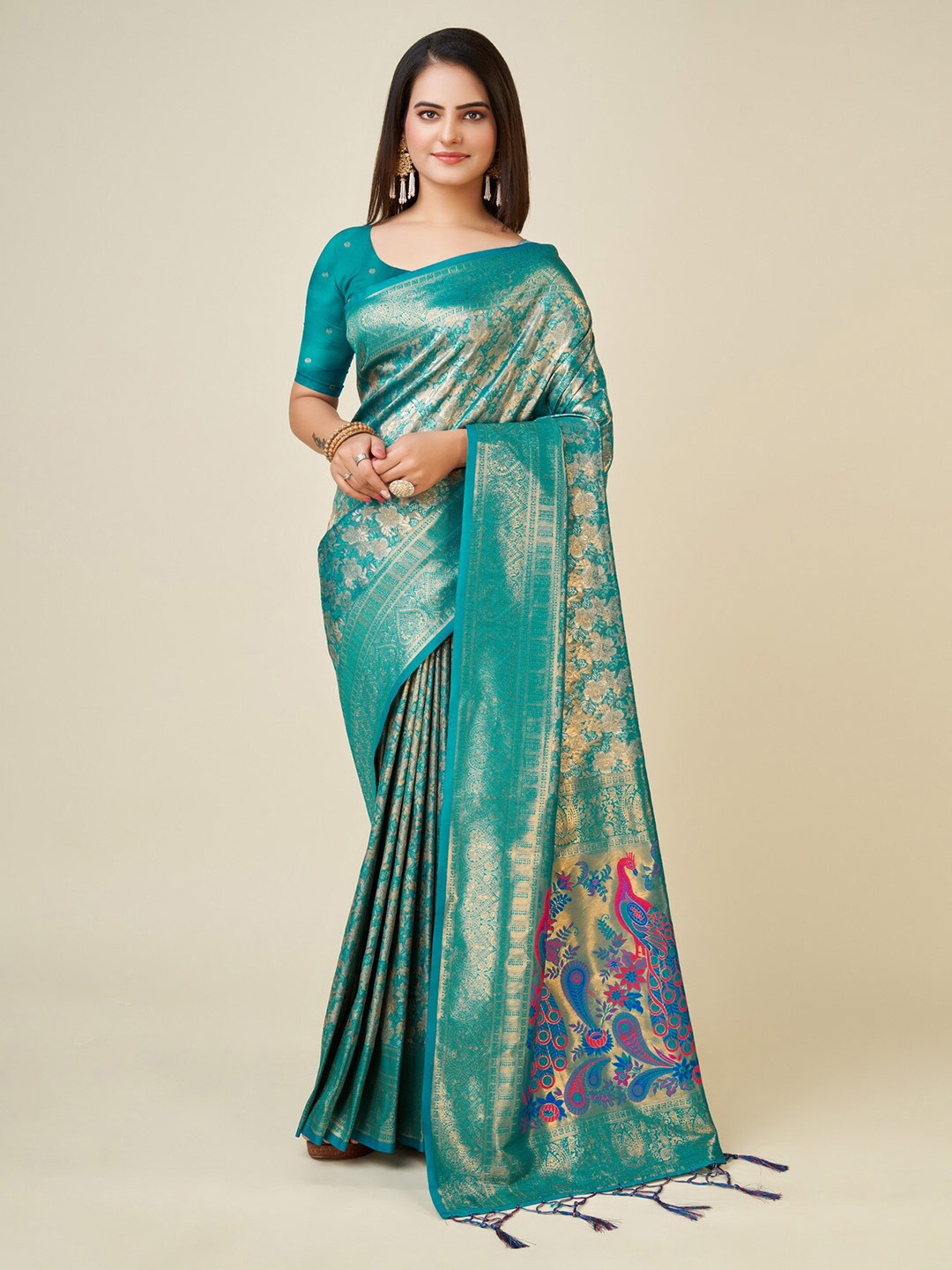

Sweet smile Fab Floral Woven Design Zari Kanjeevaram Saree, Turquoise blue