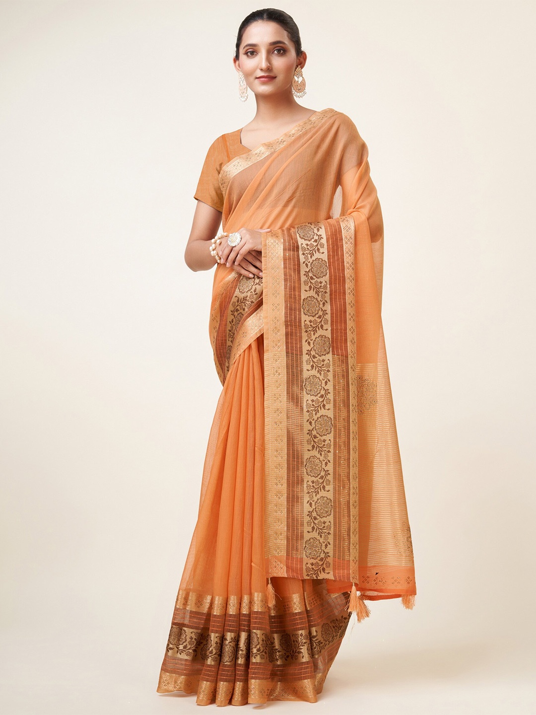 

Sweet smile Fab Ethnic Motif Woven Design Zari Saree, Peach