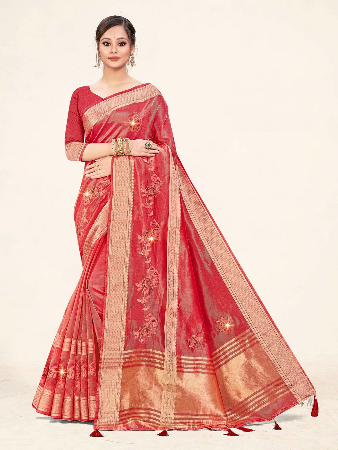 

Sweet smile Fab Floral Embroidered Zari Detail Organza Saree, Red