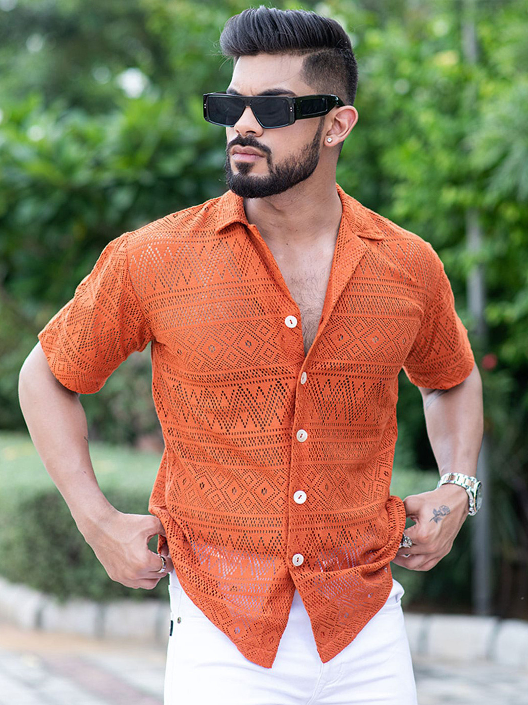 

Tistabene New Self Design Cuban Collar Cotton Casual Shirt, Rust
