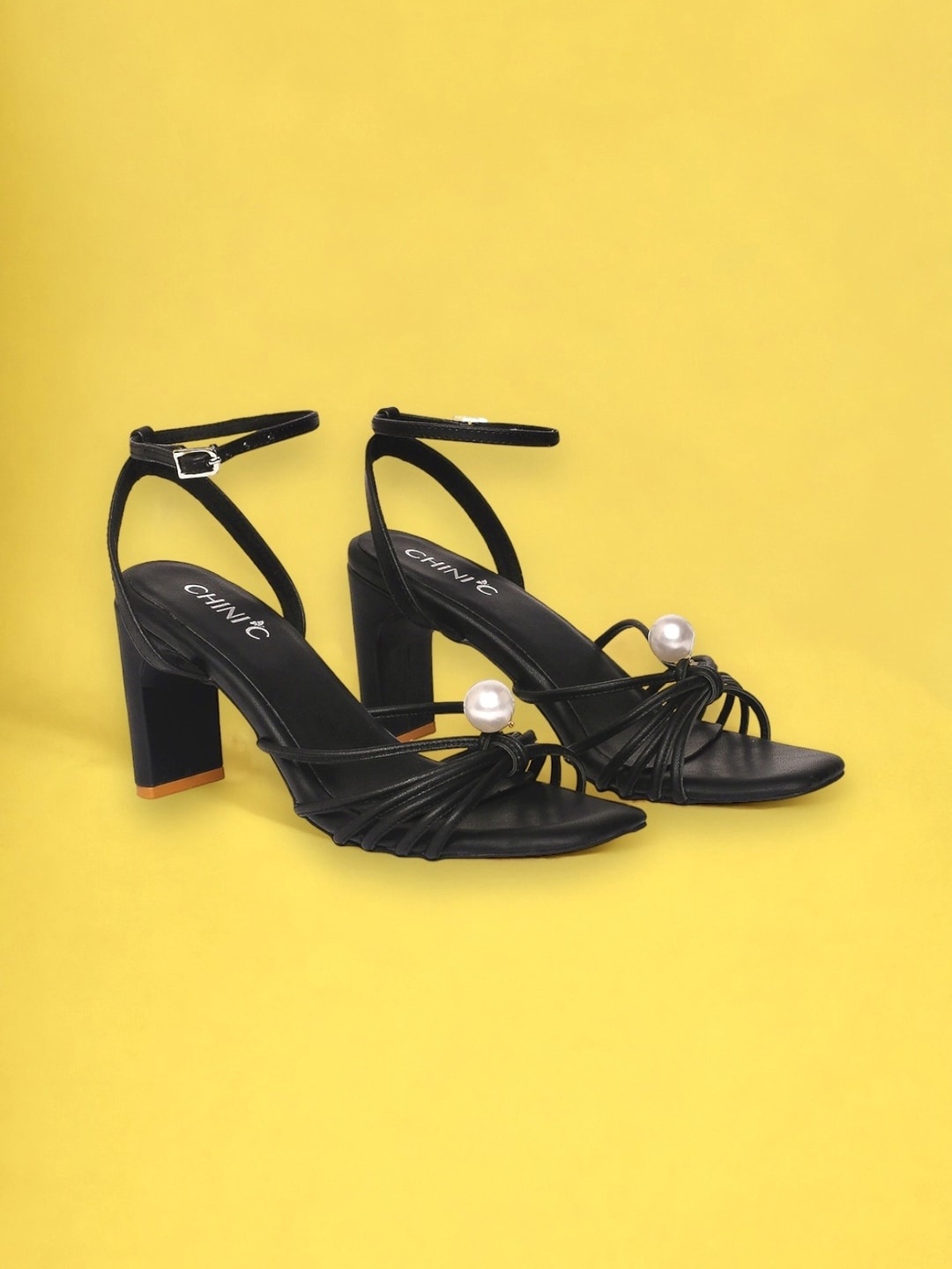 

CHINI C PEARL Open Toe Embellished Block Heels With Ankle Loop, Black