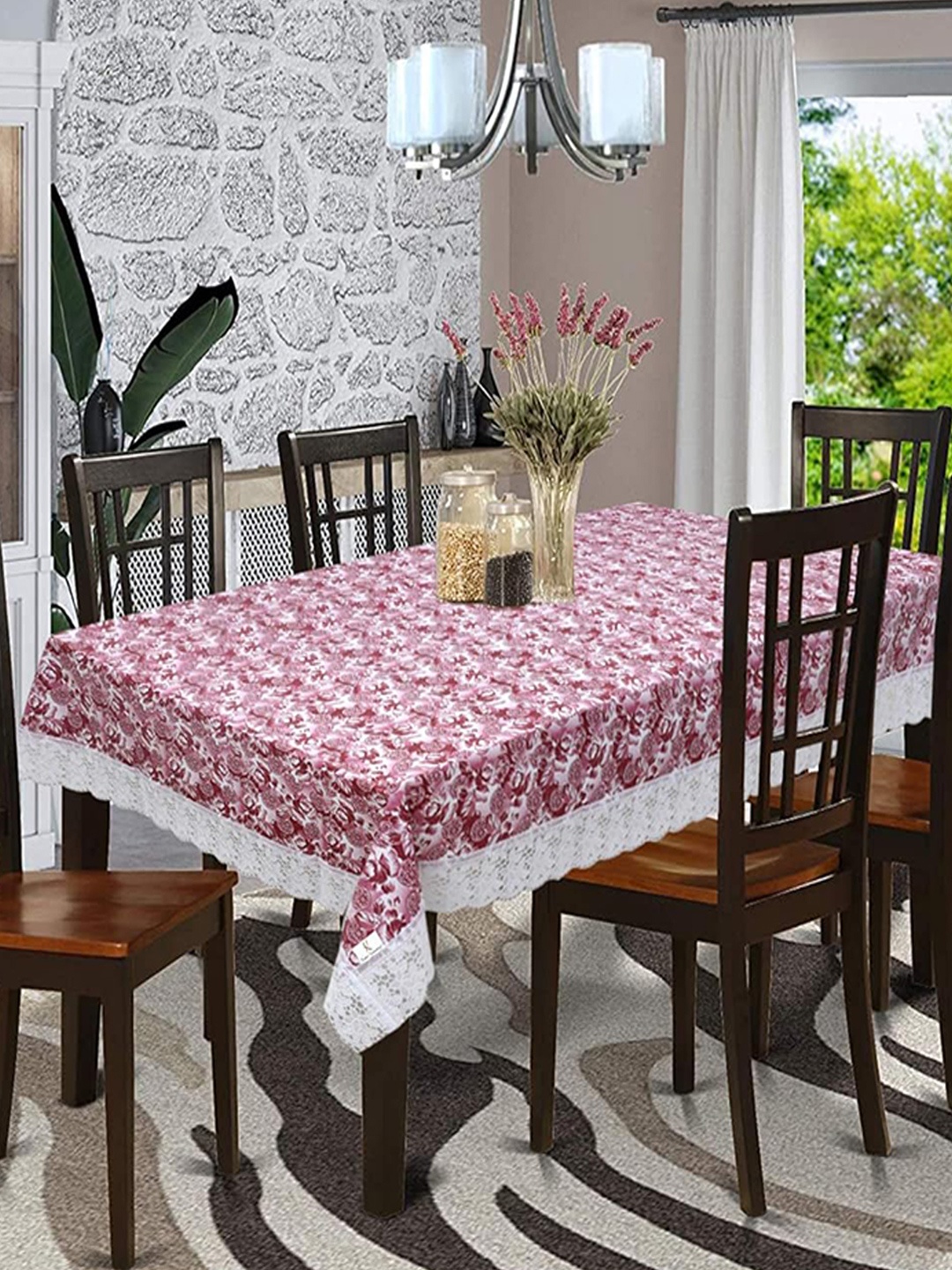 

Kuber Industries Maroon & White Printed 6 Seater Dining Table Cover